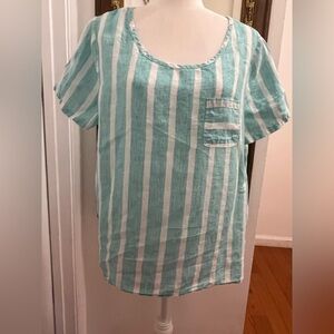 Christian Siriano Aqua and White Striped Women's Tee 100% linen size L